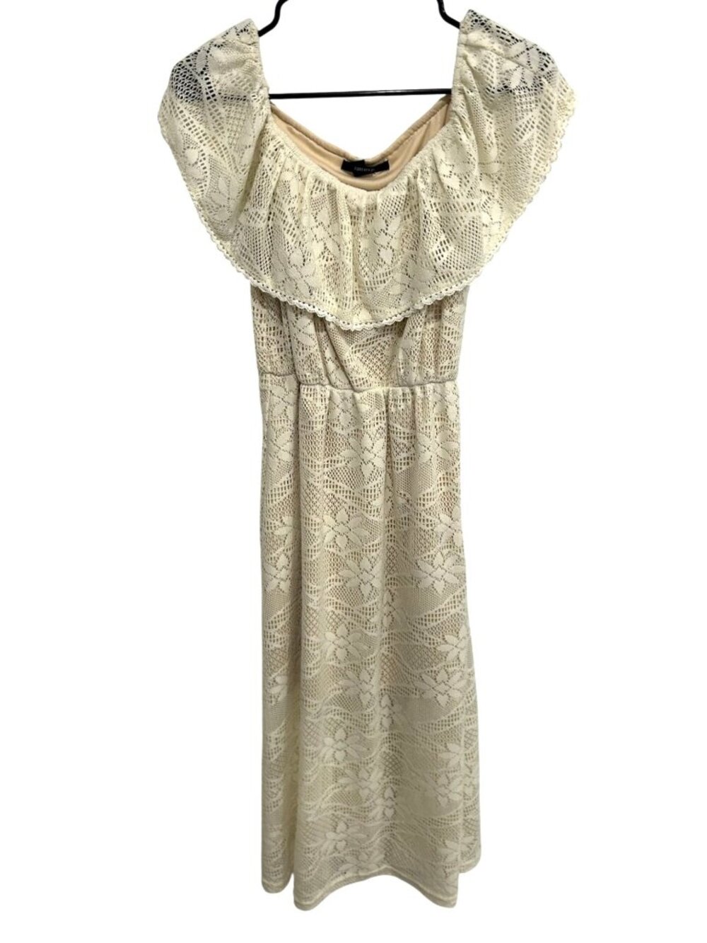 Forever 21 Small Beige Off-Shoulder Lace Midi Dress Ruffle Cottagecore Ethereal